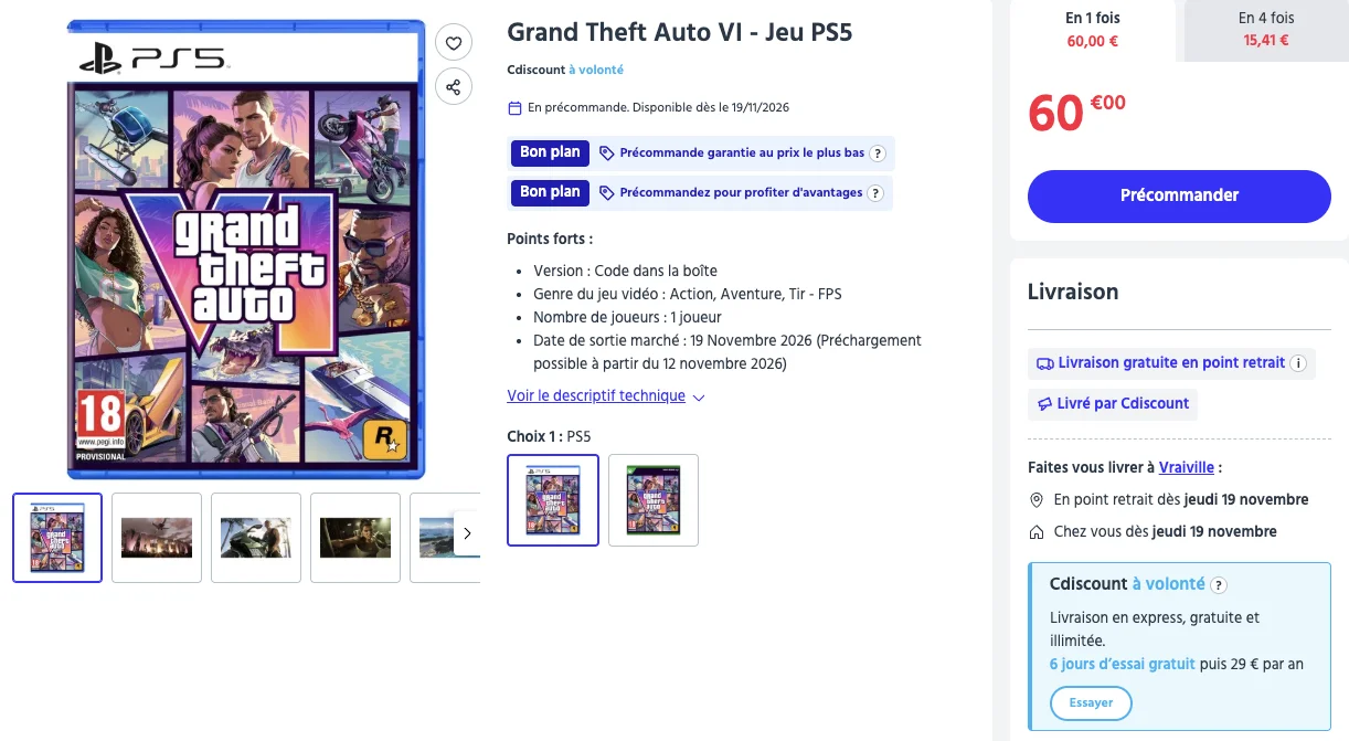 Capture Cdiscount GTA VI version PS5 affichée à 60 euros, précommande ouverte le 24 juin 2026
